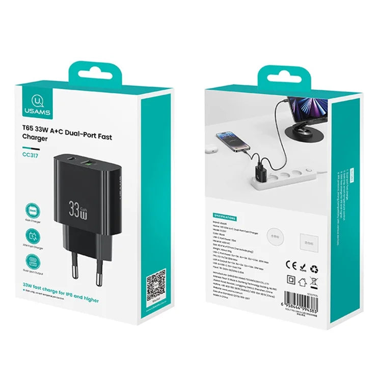 USAMS CC317 T65 33W Lynlader til iPhone 8-16-serien Dual Ports USB-A + USB-C GaN Strømadapter - EU Stik / Sort