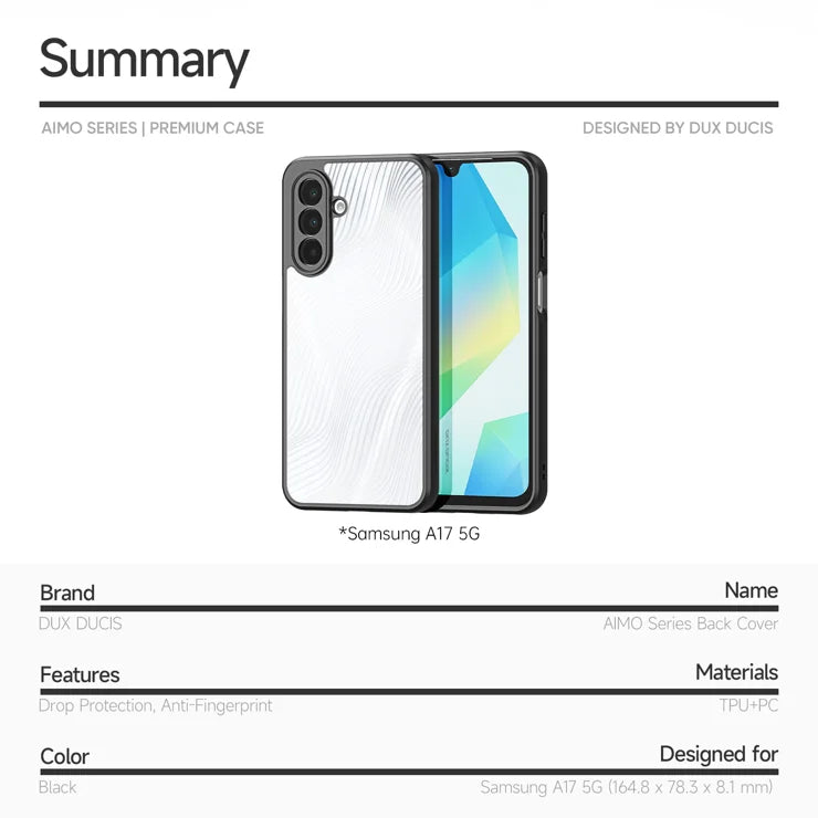 DUX DUCIS Samsung Galaxy M17 5G / F17 5G / A17 5G / A17 4G -suojakuori, Aimo-sarja TPU+PC Mattapintainen pudotuksenkestävä puhelinkuori (REACH-sertifioitu) - Musta