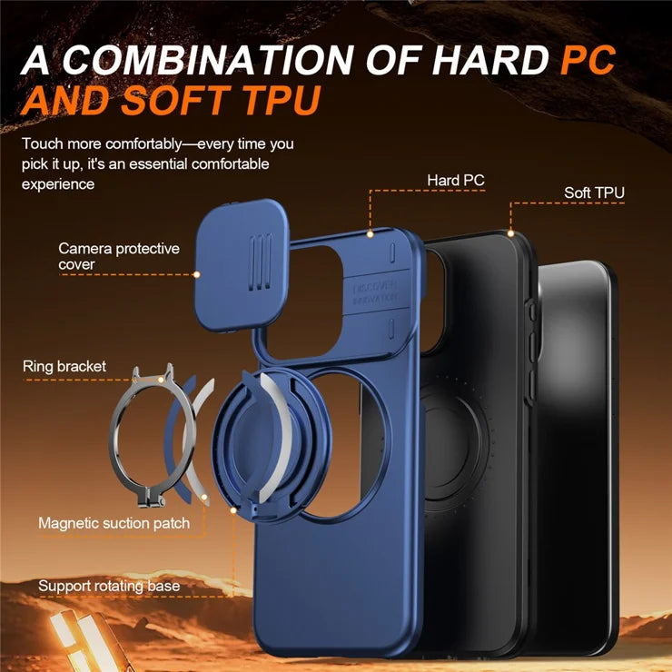 iPhone 15 Pro Case Magnetic Case Ring Kickstand Slide Camera Cover TPU PC Hybrid Phone Shell - Blue