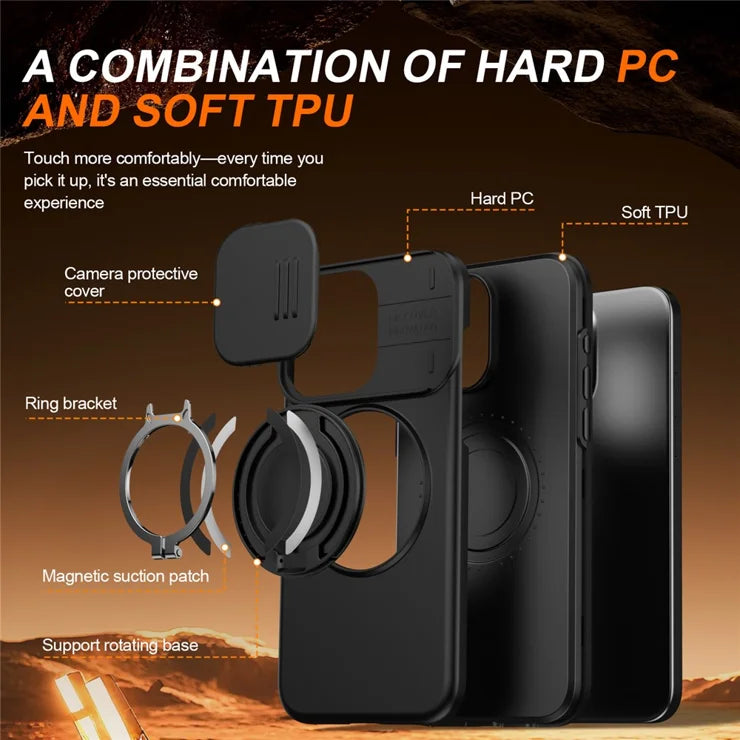 iPhone 15 Pro Case Magnetic Case Ring Kickstand Slide Camera Cover TPU PC Hybrid Phone Shell - Black