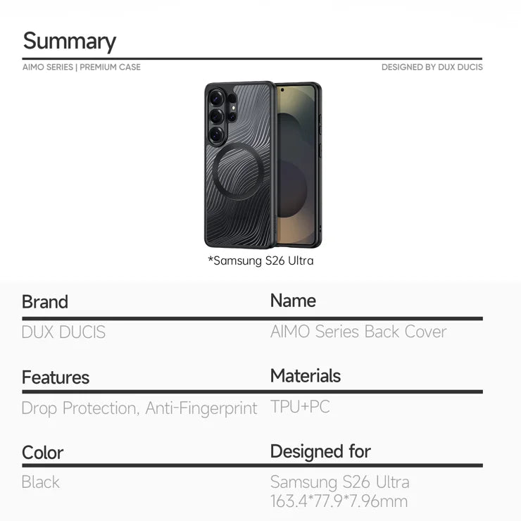 DUX DUCIS Til Samsung Galaxy S26 Ultra Magnetisk Cover Aimo Serie PC+TPU Slankt Cover (REACH Certificering) - Sort