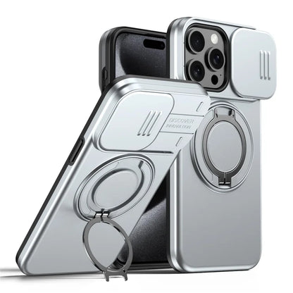 For iPhone 15 Pro Max Magnetic Case Ring Kickstand Slide Camera Cover TPU PC Hybrid Phone Shell - Grey