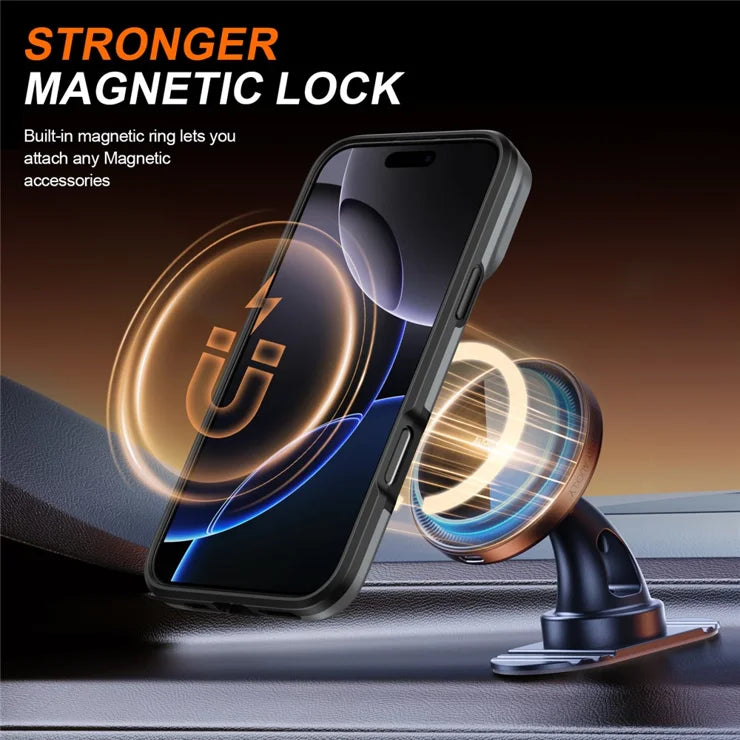 iPhone 16 Pro Cover Magnetisk Cover Ring Støtteben Skydbart Kameralåg TPU PC Hybrid Telefoncover - Sølv