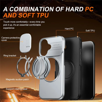 iPhone 17 Case Magnetic Case Ring Kickstand Slide Camera Cover TPU PC Hybrid Phone Shell - Grey