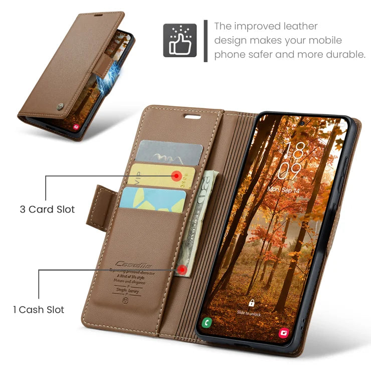 CASEME Samsung Galaxy S26+ -suojakuori, 023-sarjan RFID-suojattu, kiiltävä jalustallinen puhelinkuori – ruskea
