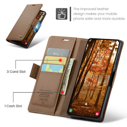 CASEME Samsung Galaxy S26+ -suojakuori, 023-sarjan RFID-suojattu, kiiltävä jalustallinen puhelinkuori – ruskea