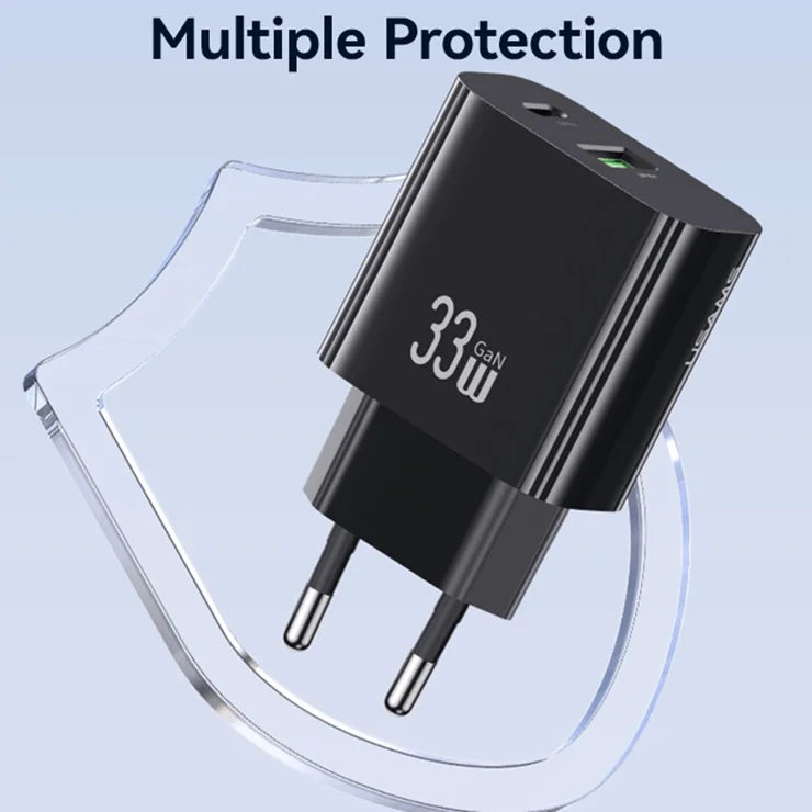 USAMS CC317 T65 33W Lynlader til iPhone 8-16-serien Dual Ports USB-A + USB-C GaN Strømadapter - EU Stik / Sort