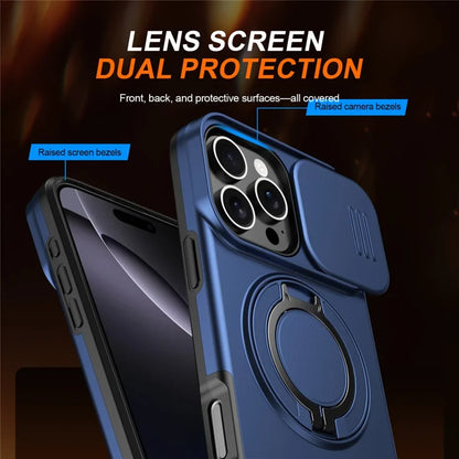 iPhone 16 Pro Case Magnetic Case Ring Kickstand Slide Camera Cover TPU PC Hybrid Phone Shell - Blue