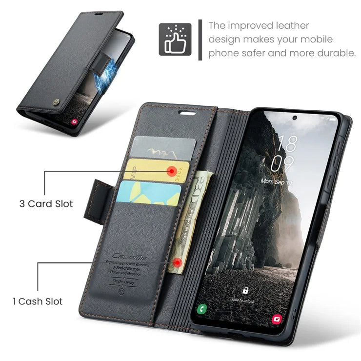 CASEME For Samsung Galaxy A56 5G Leather Case  023 RFID Blocking 3 Card Slot Mobile Cover - Black