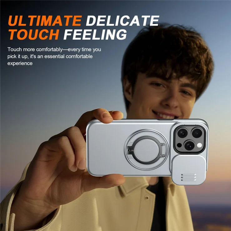 For iPhone 15 Pro Max Magnetic Case Ring Kickstand Slide Camera Cover TPU PC Hybrid Phone Shell - Grey