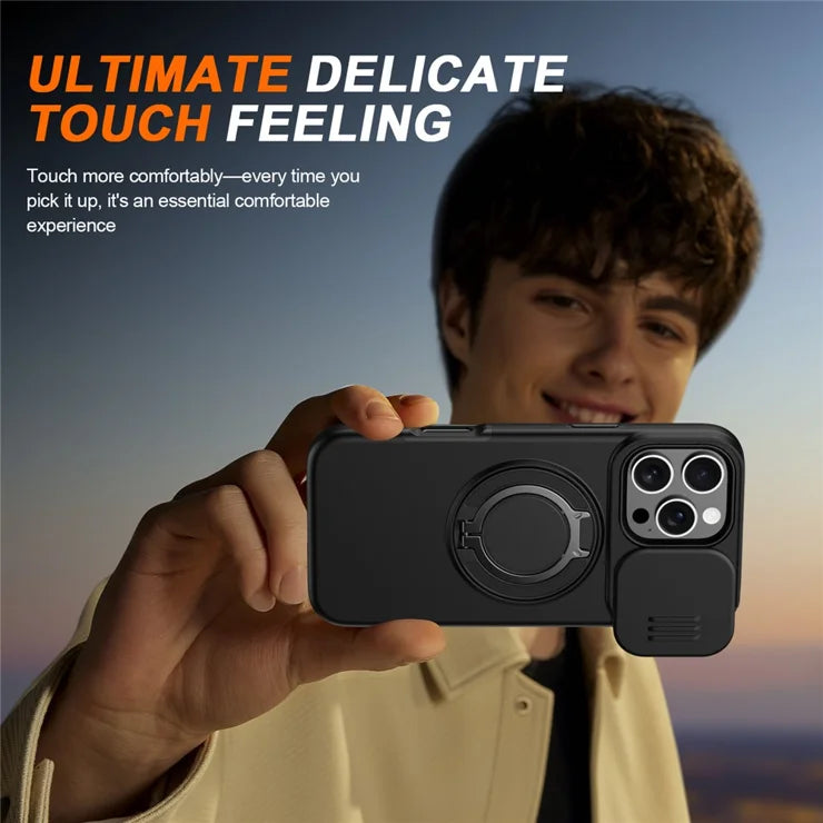 iPhone 16 Pro Case Magnetic Case Ring Kickstand Slide Camera Cover TPU PC Hybrid Phone Shell - Black