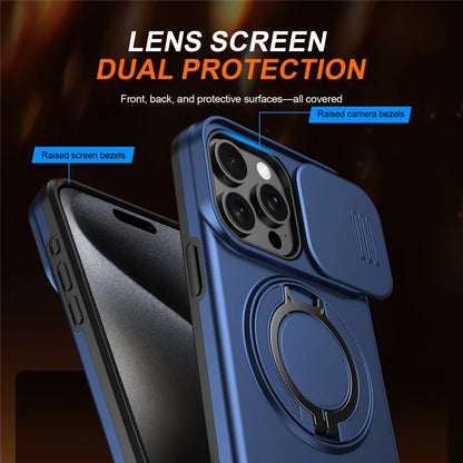 iPhone 15 Pro Max Magnetic Case Ring Kickstand Slide Camera Cover TPU PC Hybrid Phone Shell - Blue
