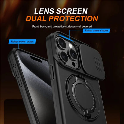 iPhone 15 Pro Max Magnetic Case Ring Kickstand Slide Camera Cover TPU PC Hybrid Phone Shell - Black