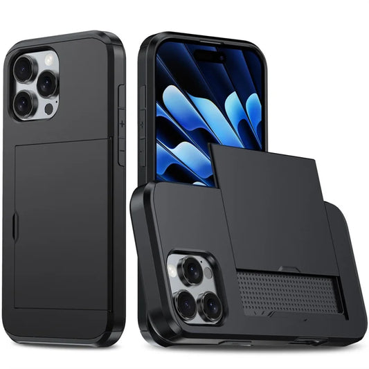 AMORUS Til iPhone 16 Pro Max cover med skydbar kortholder PC TPU telefonbagside - Sort
