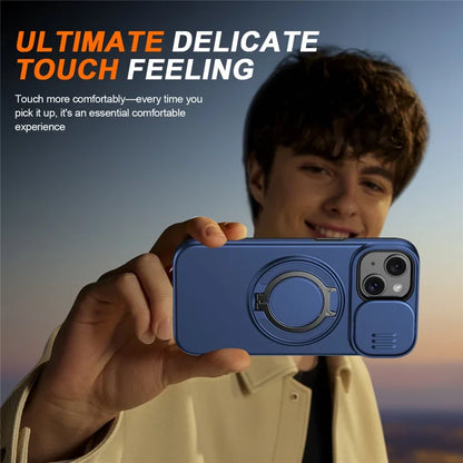 iPhone 15 Case Magnetic Case Ring Kickstand Slide Camera Cover TPU PC Hybrid Phone Shell - Blue