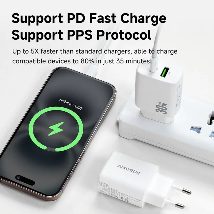 AMORUS PD 30W Type-C + QC 18W USB-A kaksiporttinen GaN-virtalähde, pikalatausseinälaturi puhelimelle ja tabletille – EU-pistoke