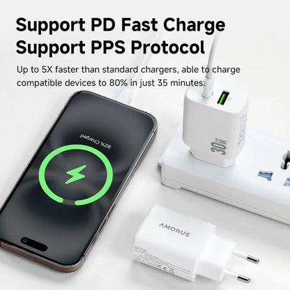 AMORUS PD 30W Type-C + QC 18W USB-A kaksiporttinen GaN-virtalähde, pikalatausseinälaturi puhelimelle ja tabletille – EU-pistoke