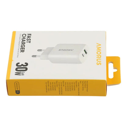 AMORUS PD 30W Type-C + QC 18W USB-A kaksiporttinen GaN-virtalähde, pikalatausseinälaturi puhelimelle ja tabletille – EU-pistoke