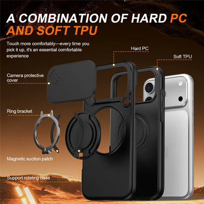 iPhone 17 Pro Magneettikotelo Sormusteline Liukuva Kamerasuojus TPU PC Hybrid-puhelinkuori - Musta
