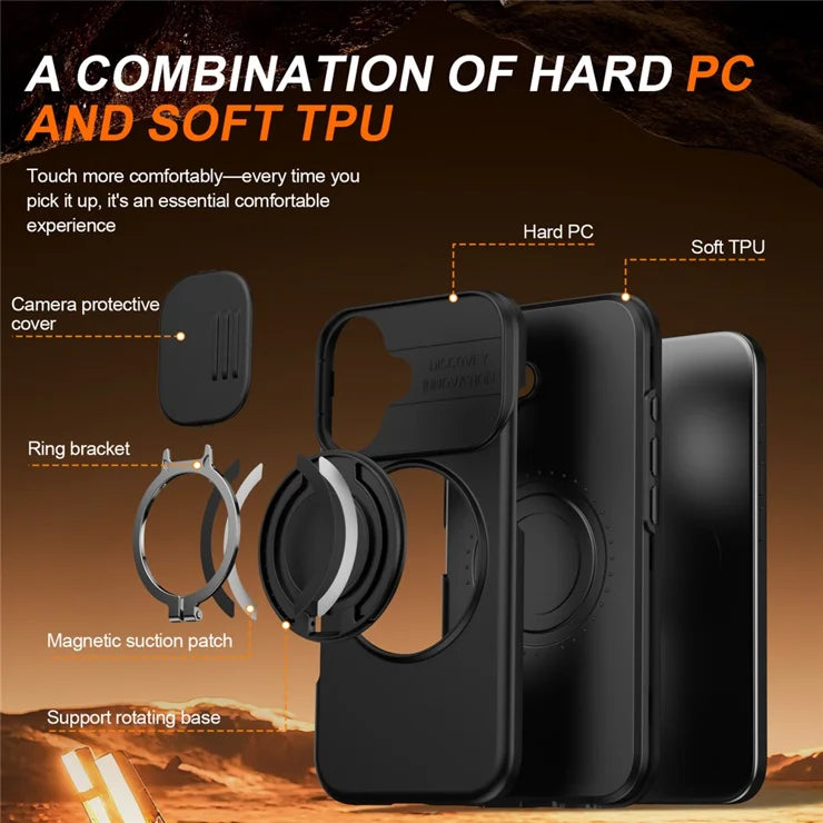 iPhone 17 Case Magnetic Case Ring Kickstand Slide Camera Cover TPU PC Hybrid Phone Shell - Black