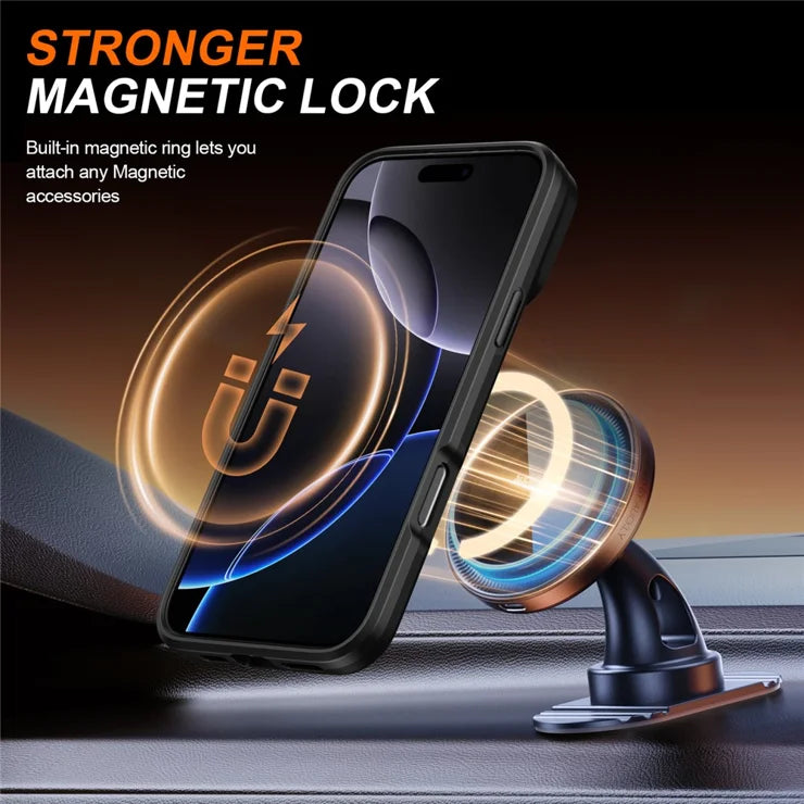 iPhone 16 Pro Case Magnetic Case Ring Kickstand Slide Camera Cover TPU PC Hybrid Phone Shell - Black