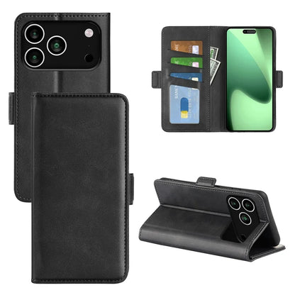 For iPhone 17 Pro Case Calf Texture Leather Wallet Phone Cover - Black