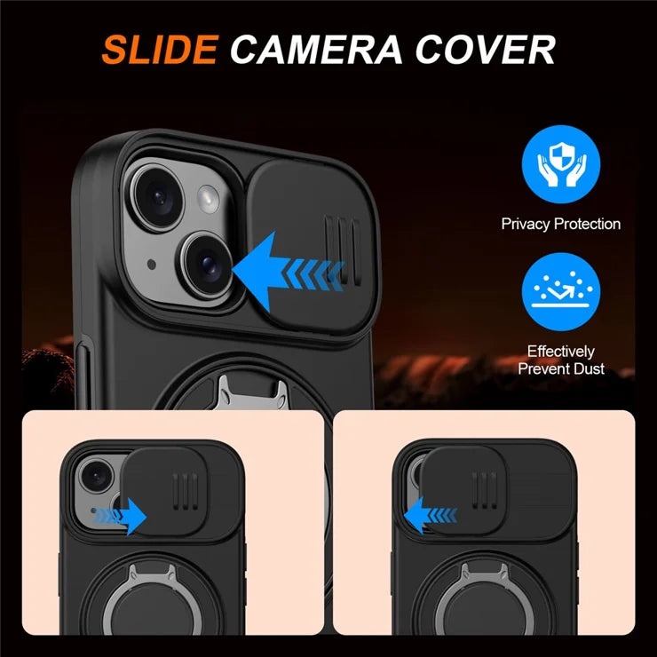 For iPhone 15 Case Magnetic Case Ring Kickstand Slide Camera Cover TPU PC Hybrid Phone Shell - Black