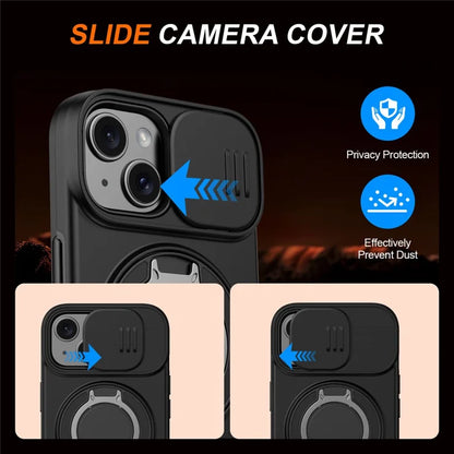 For iPhone 15 Case Magnetic Case Ring Kickstand Slide Camera Cover TPU PC Hybrid Phone Shell - Black
