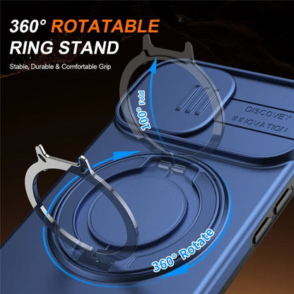 iPhone 15 Case Magnetic Case Ring Kickstand Slide Camera Cover TPU PC Hybrid Phone Shell - Blue