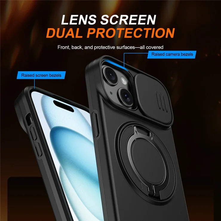 iPhone 15 Plus  /  14 Plus Ring Kickstand Slide Camera Cover TPU PC Hybrid Phone Shell - Black