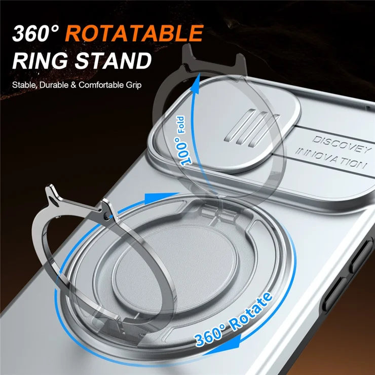 iPhone 15 Case Magnetic Case Ring Kickstand Slide Camera Cover TPU PC Hybrid Phone Shell - Silver