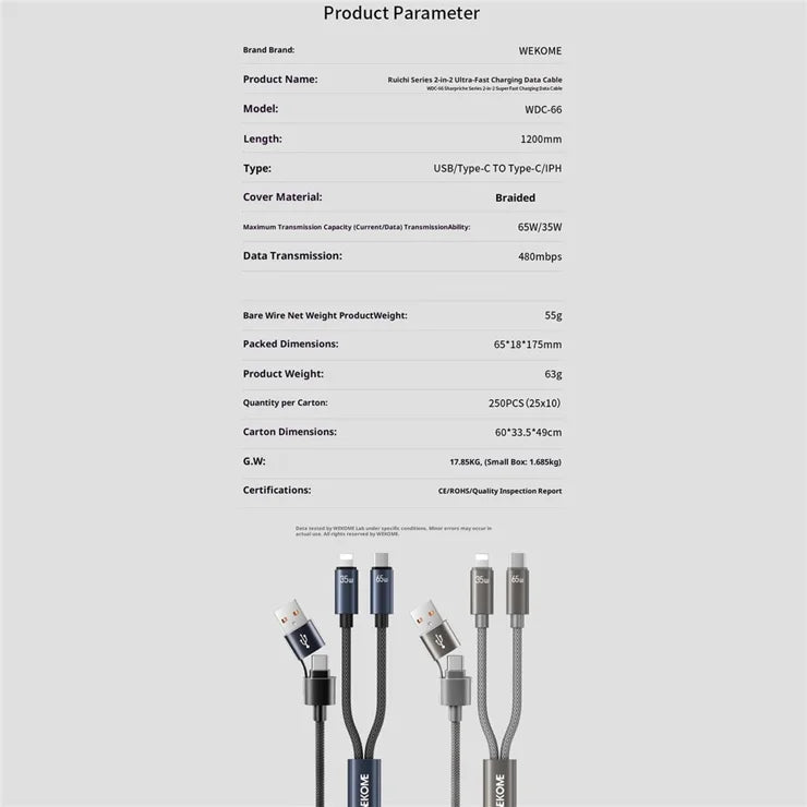 WEKOME WDC-66 USB / Type-C til Type-C / iP Kabel 1.2m 3A 65W Superhurtig Opladning Datasynkroniseringskabel - Grå
