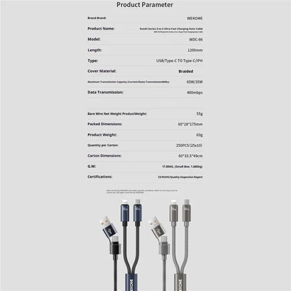 WEKOME WDC-66 USB / Type-C til Type-C / iP Kabel 1.2m 3A 65W Superhurtig Opladning Datasynkroniseringskabel - Grå