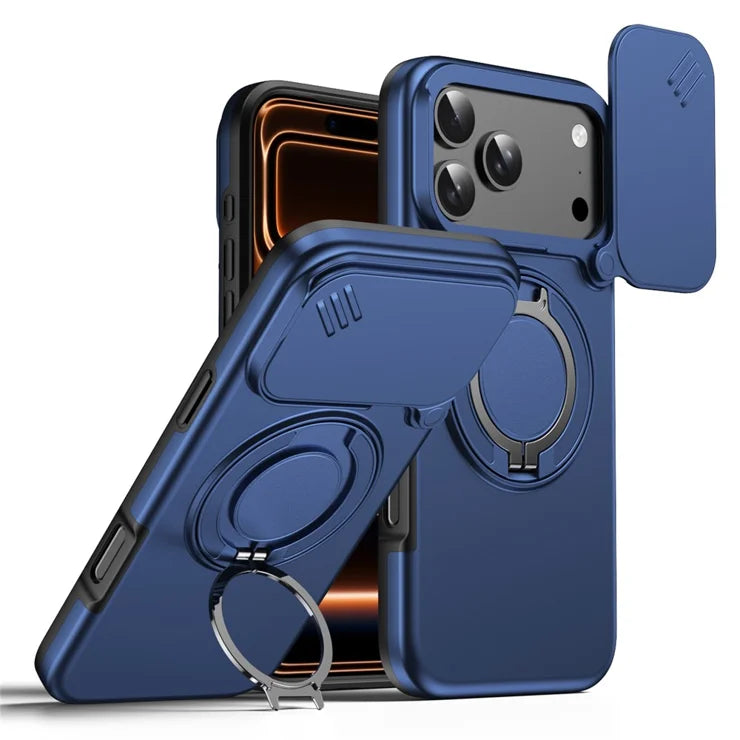 iPhone 17 Pro Max Magnetic Case Ring Kickstand Slide Camera Cover TPU PC Hybrid Phone Shell - Blue
