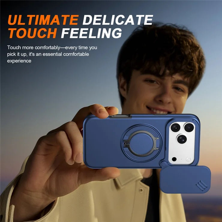 iPhone 17 Pro Max Magnetic Case Ring Kickstand Slide Camera Cover TPU PC Hybrid Phone Shell - Blue