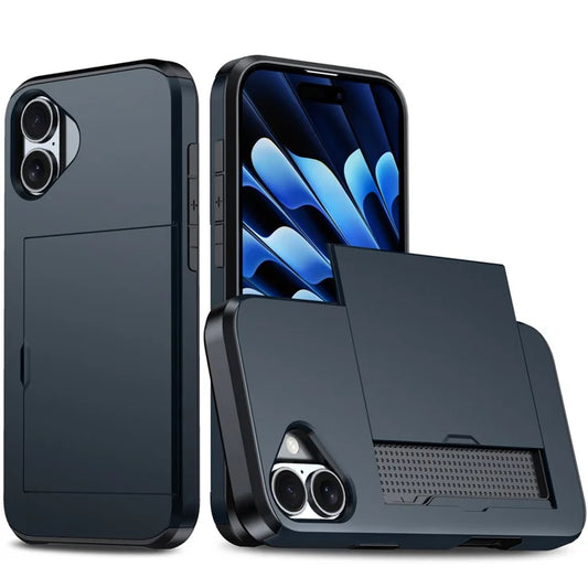 AMORUS Cover til iPhone 17 med skydbar kortholder PC TPU Telefonbagcover – Marineblå