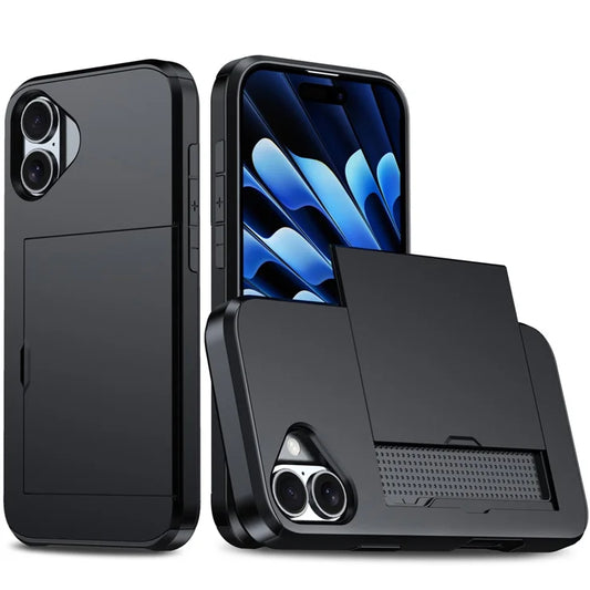 AMORUS til iPhone 17 etui med glidende kortholder PC TPU telefonbagside - sort