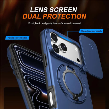 iPhone 17 Pro Max Magnetic Case Ring Kickstand Slide Camera Cover TPU PC Hybrid Phone Shell - Blue