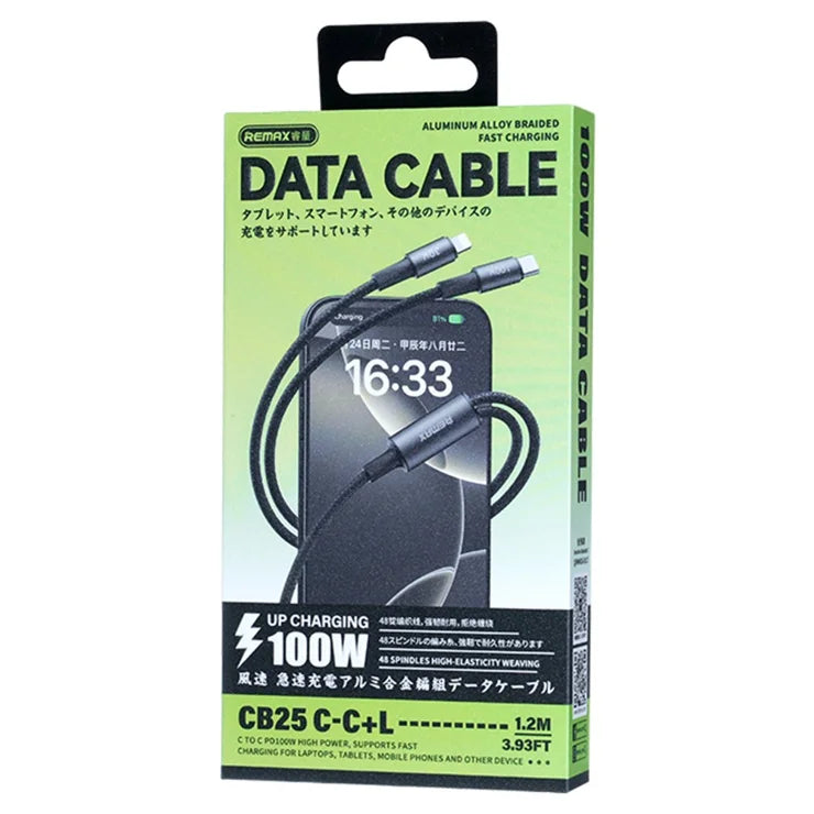 REMAX CB25 100W Dual Port aluminiumlegering flettet kabel USB-C til USB-C / Lightning 1.2M