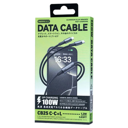 REMAX CB25 100W Dual Port aluminiumlegering flettet kabel USB-C til USB-C / Lightning 1.2M