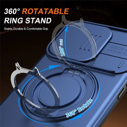 iPhone 15 Pro Max Magnetic Case Ring Kickstand Slide Camera Cover TPU PC Hybrid Phone Shell - Blue