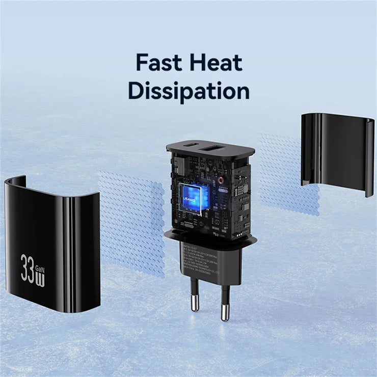USAMS CC317 T65 33W Lynlader til iPhone 8-16-serien Dual Ports USB-A + USB-C GaN Strømadapter - EU Stik / Sort