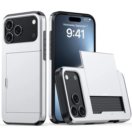AMORUS Cover til iPhone 17 Pro Max med Skydbar Kortholder PC TPU Telefon Bagcover - Sølv