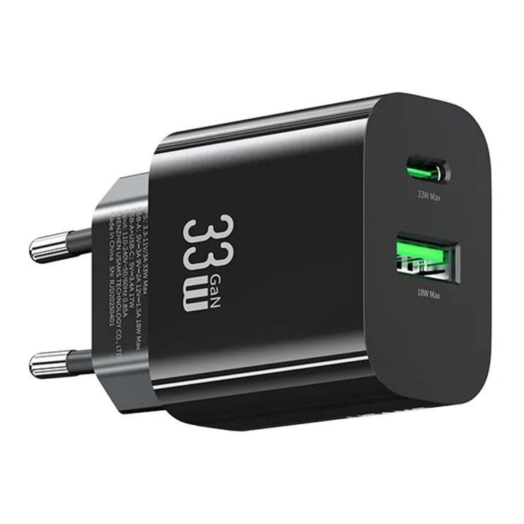 USAMS CC317 T65 33W Lynlader til iPhone 8-16-serien Dual Ports USB-A + USB-C GaN Strømadapter - EU Stik / Sort