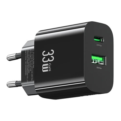 USAMS CC317 T65 33W Lynlader til iPhone 8-16-serien Dual Ports USB-A + USB-C GaN Strømadapter - EU Stik / Sort