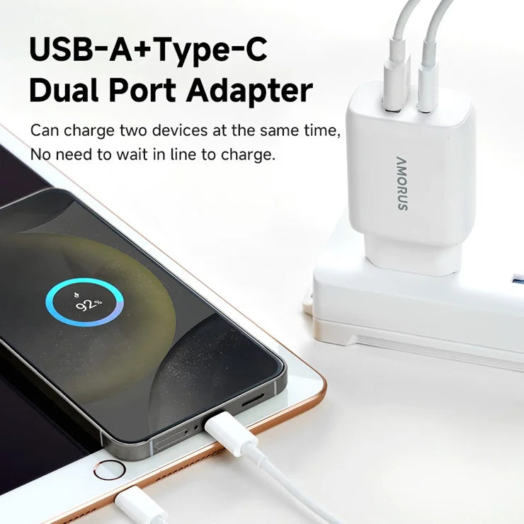 AMORUS PD 30W Type-C + QC 18W USB-A kaksiporttinen GaN-virtalähde, pikalatausseinälaturi puhelimelle ja tabletille – EU-pistoke
