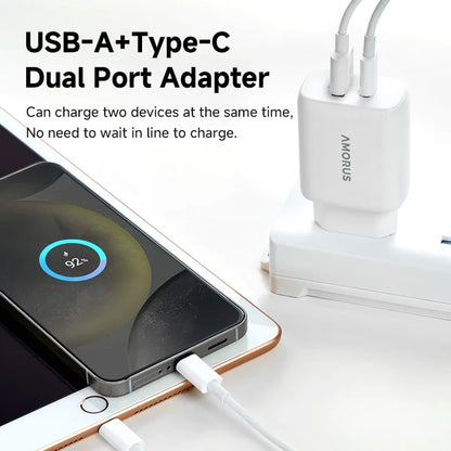 AMORUS PD 30W Type-C + QC 18W USB-A kaksiporttinen GaN-virtalähde, pikalatausseinälaturi puhelimelle ja tabletille – EU-pistoke