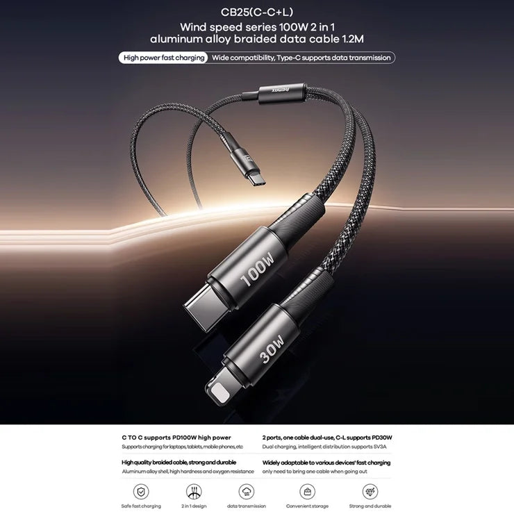 REMAX CB25 100W Dual Port aluminiumlegering flettet kabel USB-C til USB-C / Lightning 1.2M