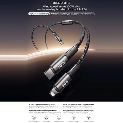 REMAX CB25 100W Dual Port aluminiumlegering flettet kabel USB-C til USB-C / Lightning 1.2M