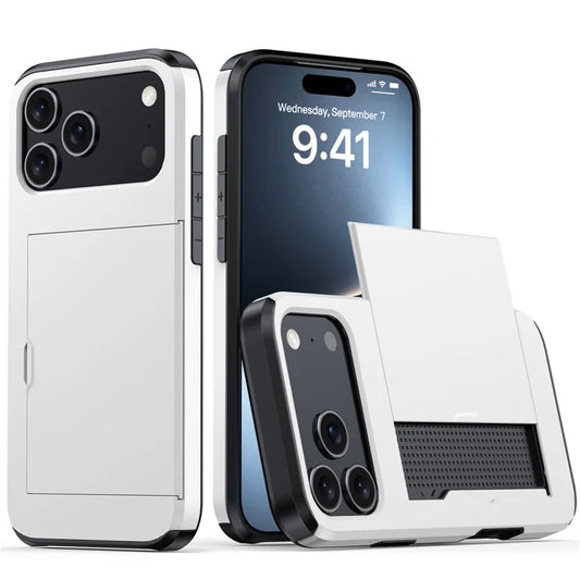 AMORUS Til iPhone 17 Pro Max Cover med Skydbart Kortholder PC TPU Telefon Bagcover - Hvid
